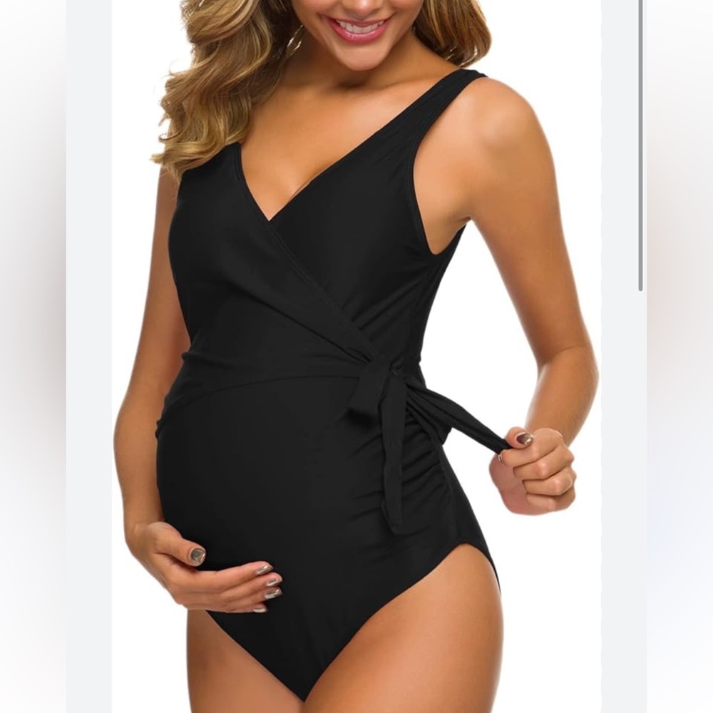 One Piece Maternity Swimsuit Wrap Side Tie Black XL